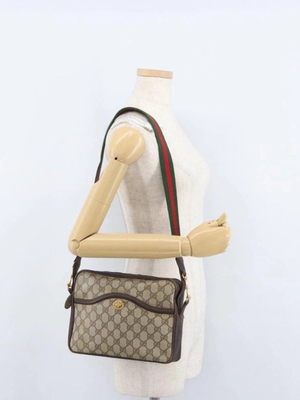 GUCCI GG Supreme Horsebit WebSherry Line Shoulder Bag PVC Beige Gold Auth 169629